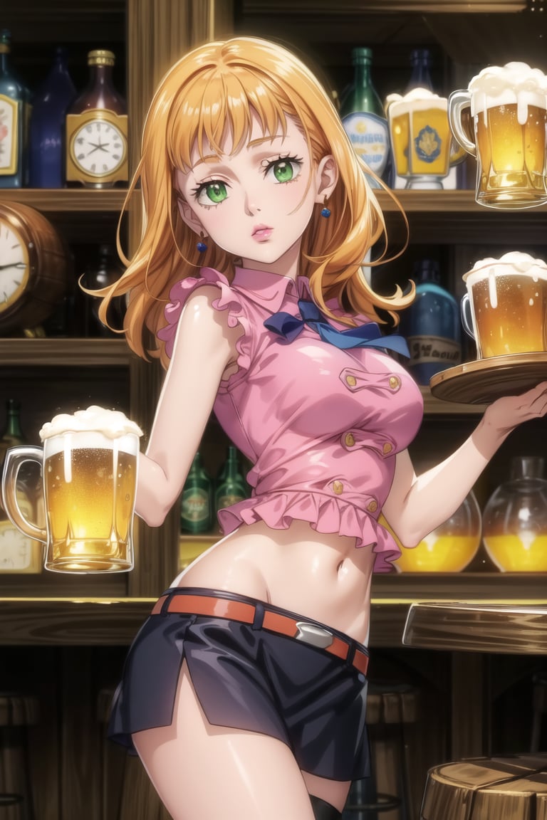 anime, hdr, soft light, ((best quality)), ((masterpiece)), (detailed), 1girl, solo, orange hair, mimosa vermillion,  green eyes, wavy hair, (lips) makeup, head tilt, cowboy shot, dutch angle, ((bar)),(( sunset)),  ((BoarUniform)),  black skirt ,jewelry, (single earring), holding tray, plate, tray, cup, alcohol, mug, beer, beer mug,