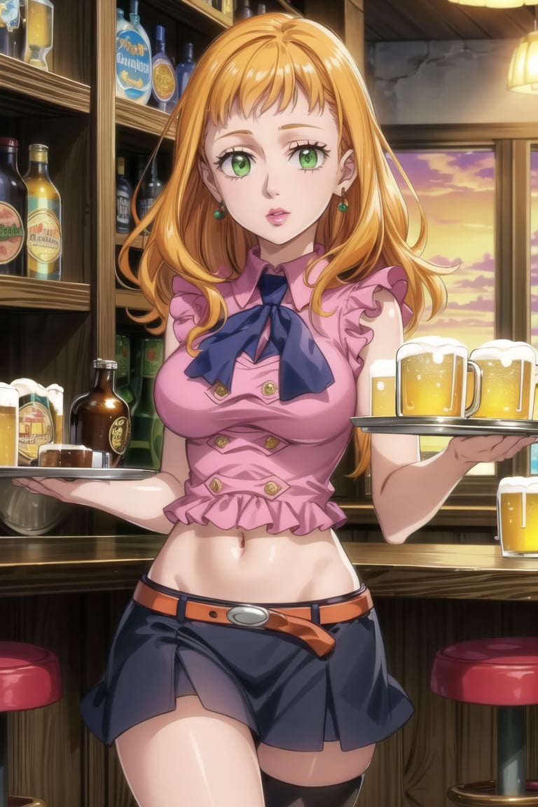 anime, hdr, soft light, ((best quality)), ((masterpiece)), (detailed), 1girl, solo, orange hair, mimosa vermillion,  green eyes, wavy hair, (lips) makeup, ((bar)),(( sunset)),  ((BoarUniform)),  black skirt ,jewelry, (single earring), holding tray, plate, tray, cup, alcohol, mug, beer, beer mug,