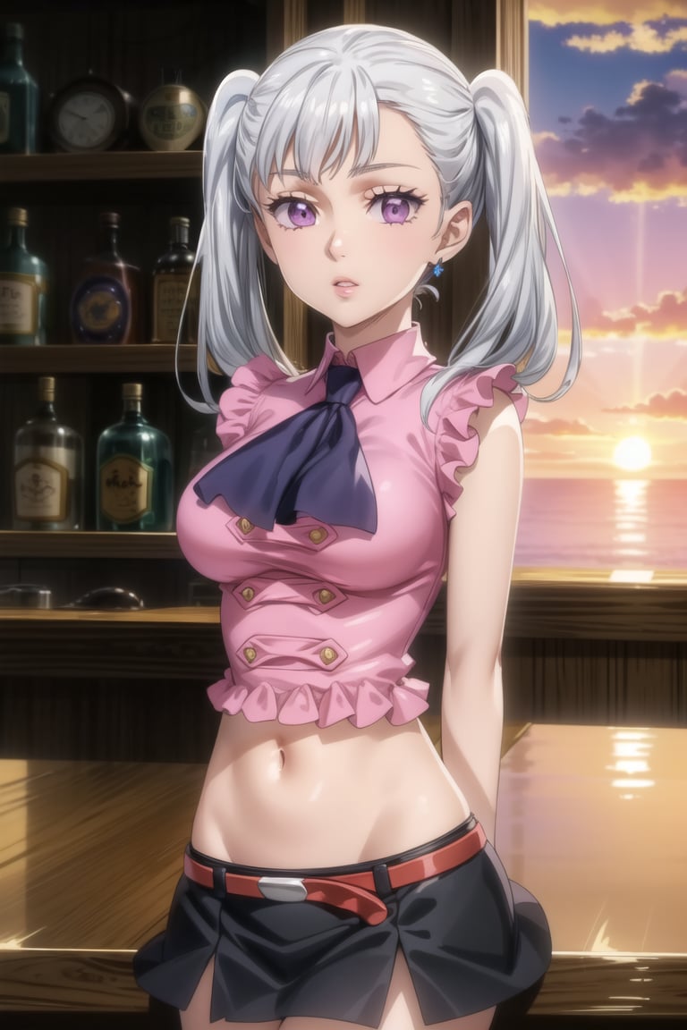 anime, hdr, soft light, ((best quality)), ((masterpiece)), (detailed), 1girl, solo, silver hair, noelle_silva, :), purple eyes, bangs, twintails, lips, arms behind back, ((bar)),(( sunset)),  ((BoarUniform)),  black skirt ,jewelry, (single blue earring), 