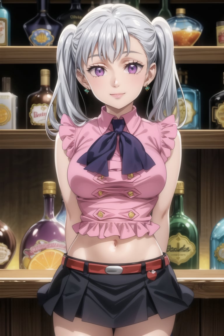 anime, hdr, soft light, ((best quality)), ((masterpiece)), (detailed), 1girl, solo, silver hair, noelle_silva, :), smile, closed mouth, purple eyes, bangs, twintails, lips, arms behind back, ((bar)),(( sunset)),  ((BoarUniform)),  black skirt ,jewelry, (single blue earring), 