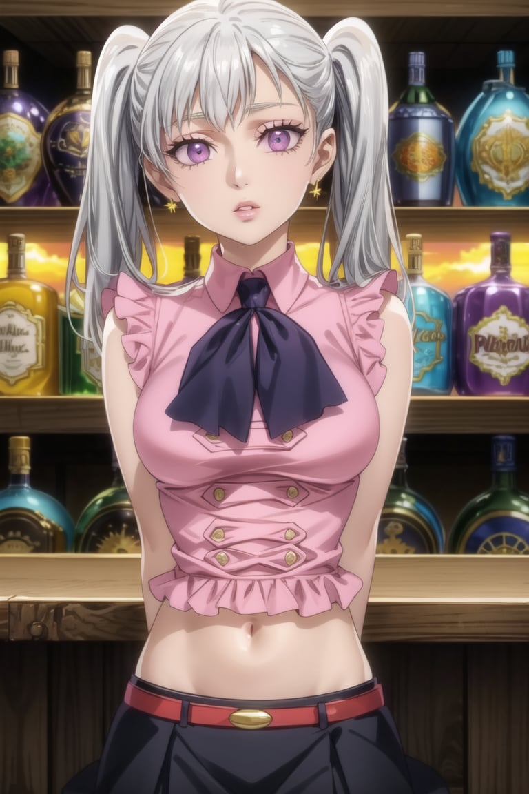 anime, hdr, soft light, ((best quality)), ((masterpiece)), (detailed), 1girl, solo, silver hair, noelle_silva, expressionless:1.2, parted lips:1.2, ((purple eyes,glowing eyes)), twintails, (lips) makeup, arms behind back, ((bar)),(( sunset)),  ((BoarUniform)),  black skirt ,jewelry, (single earring), 