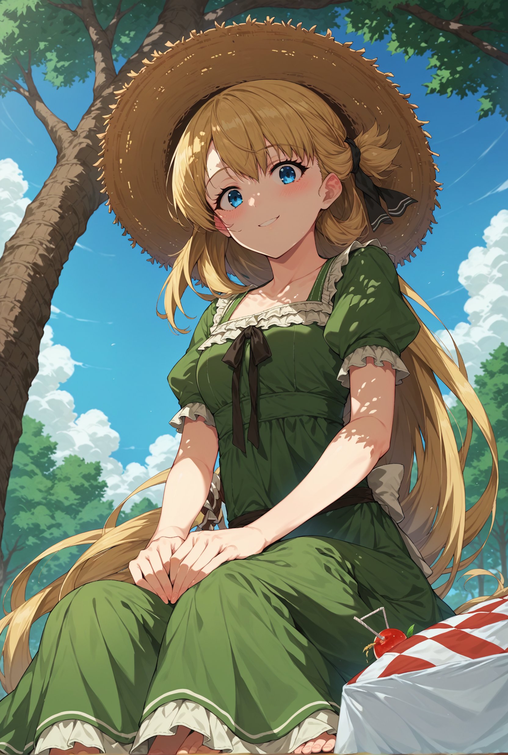 (score_9, score_8_up:1.1), score_7_up, 1girl, solo, agnes claudel, blonde hair, very long hair, blue eyes, straw hat, green frilly dress, sitting, smile, blush, from below, picnic, tree, hill, looking at viewer, more detail XL