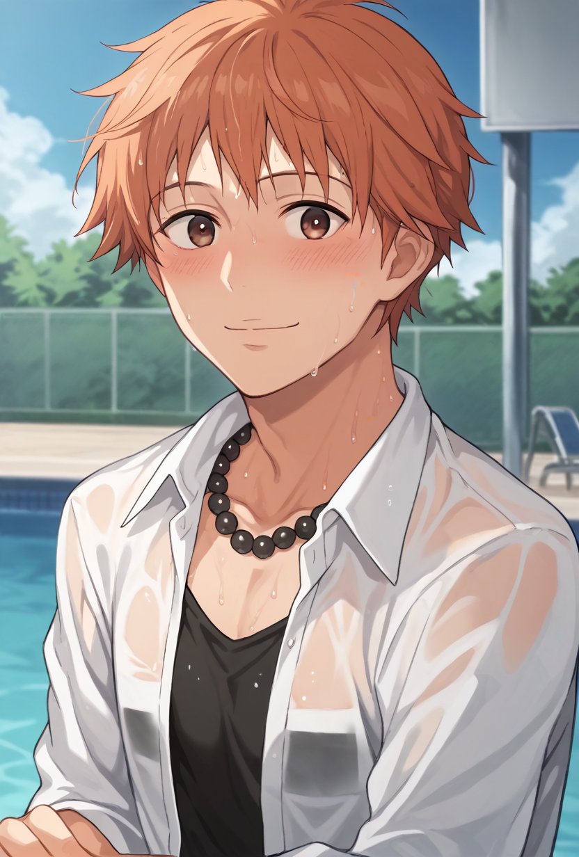 (score_9, score_8_up:1.1), score_7_up, suwa hiroto, 1boy, solo, orange hair, brown eyes, smile, blush, looking at viewer, black pearls necklace, white shirt, sweat, school swimming pool, outdoors,towa herschel