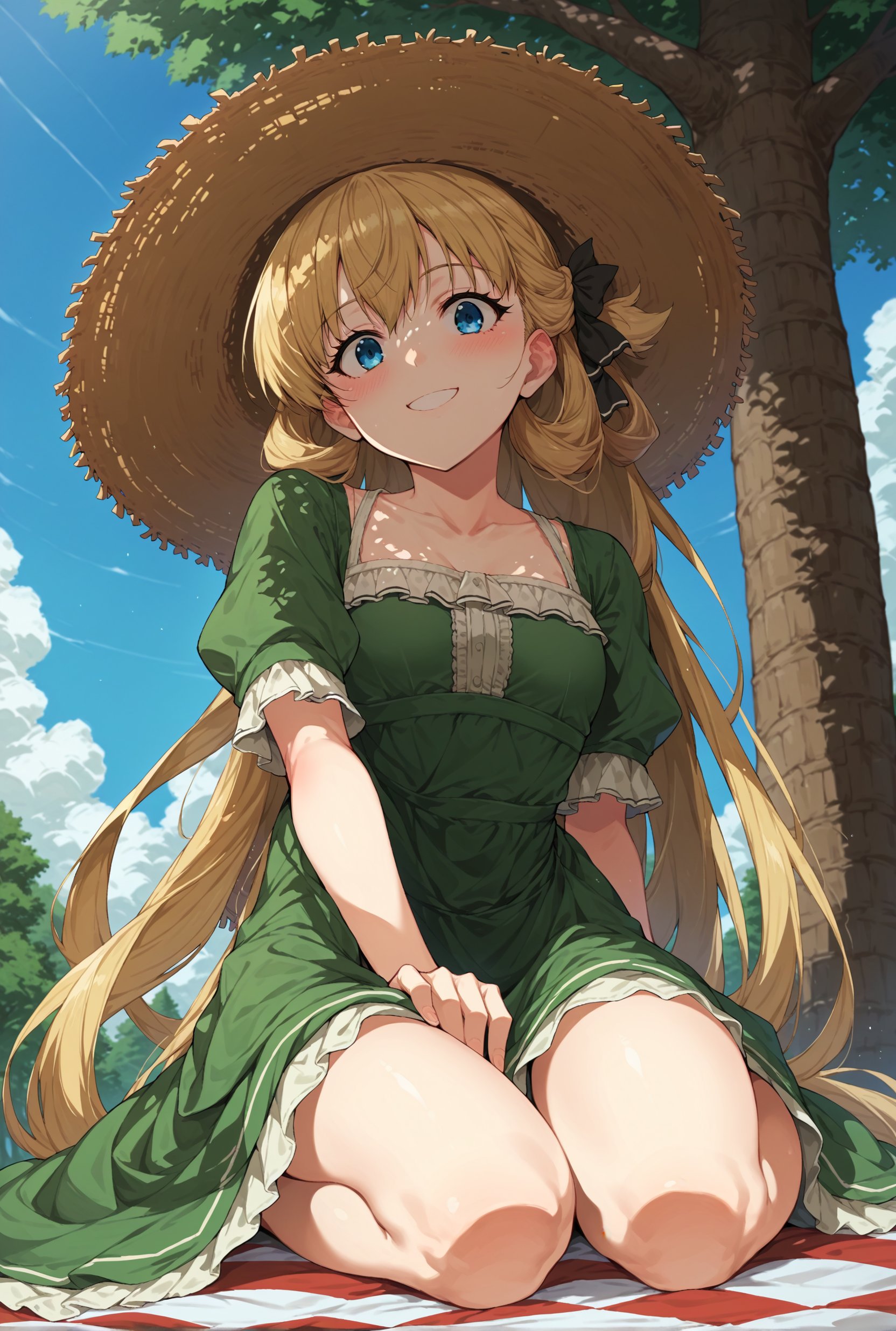 (score_9, score_8_up:1.1), score_7_up, 1girl, solo, agnes claudel, blonde hair, very long hair, blue eyes, straw hat, green frilly dress, sitting, smile, blush, from below, picnic, tree, hill, looking at viewer, more detail XL