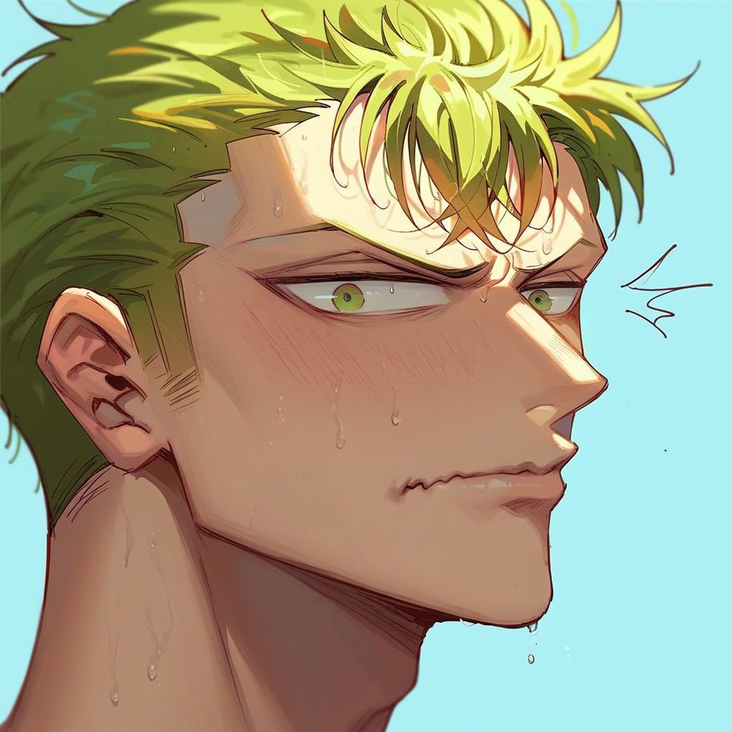 (score_9, score_8_up:1.1), score_7_up, 1boy,  handsome, cute, zoro (one piece),green hair, green eyes, solo, portrait, embarassed, sweat, nori