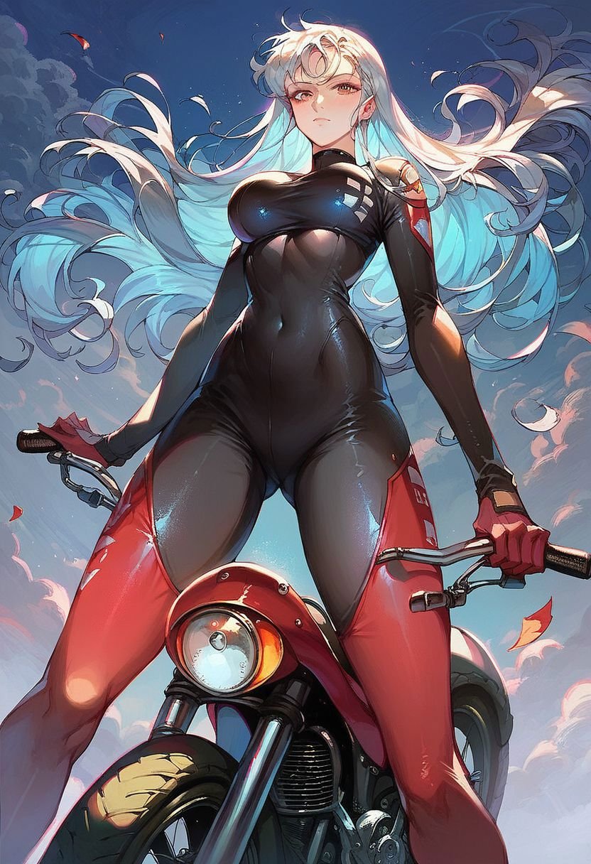 (score_9, score_8_up:1.1), score_7_up, 1girl, white hair, blue hair, long hair, solo, motorbike, biker suit, from below, nori