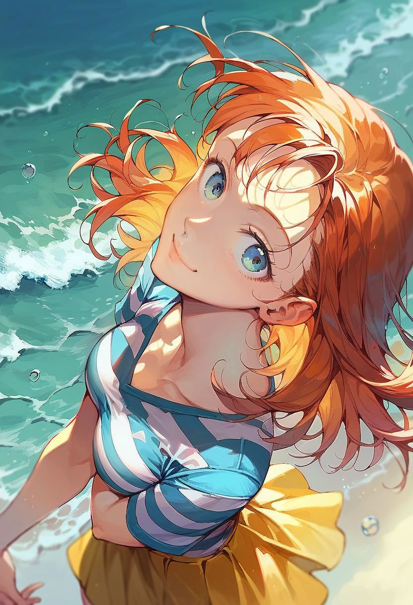 (score_9, score_8_up:1.1), score_7_up, 1girl, orange hair, medium hair, solo, striped shirt, blue and white shirt, yellow skirt, sea, from above, closed smile, nori