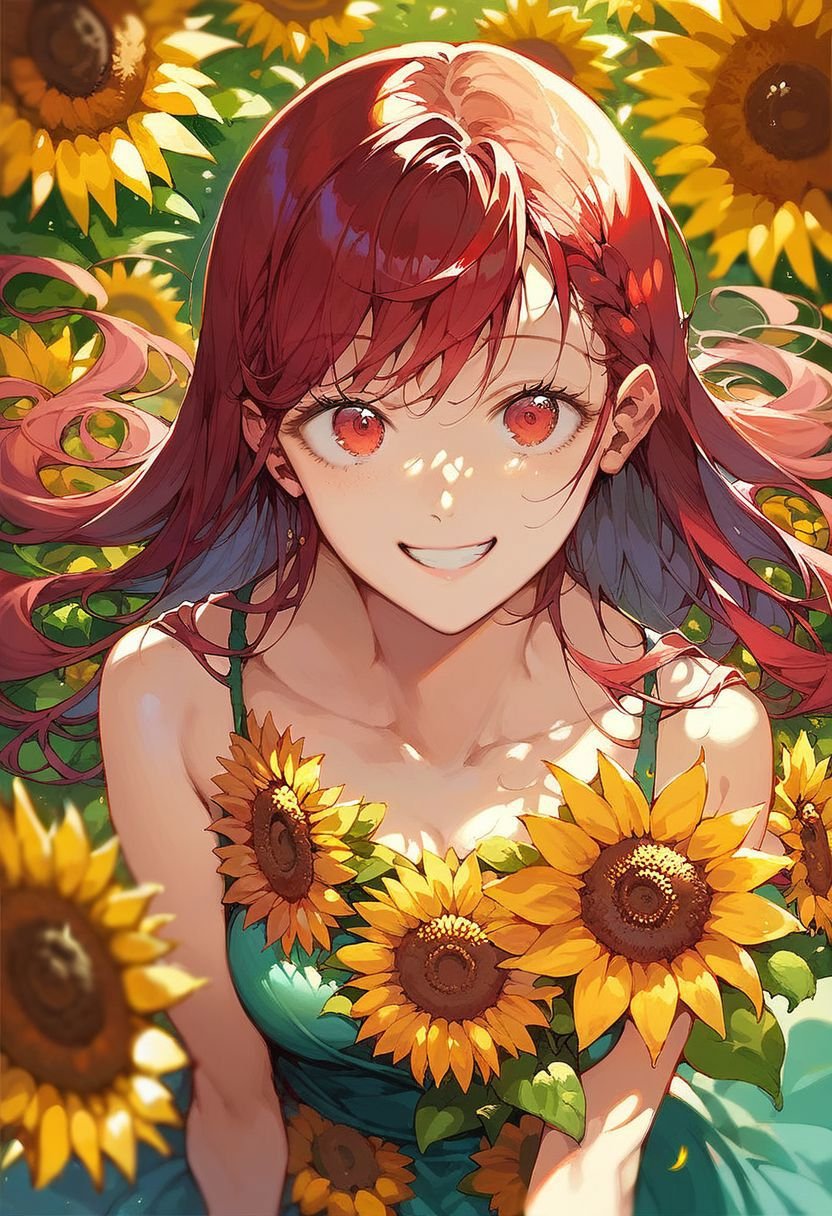 (score_9, score_8_up:1.1), score_7_up, 1girl, red hair, red eyes, solo, flowery dress, sunflowers field,  from above, smile, nori