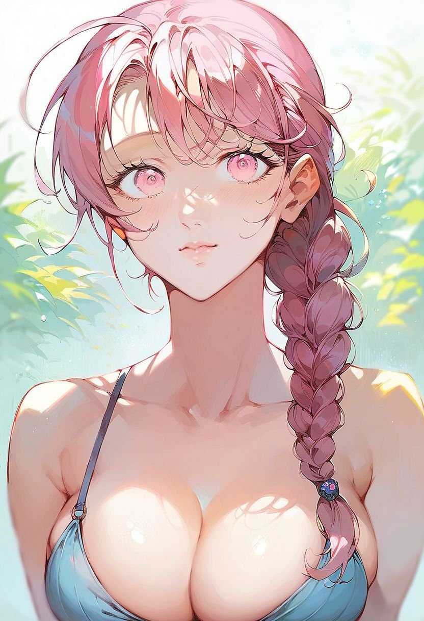 (score_9, score_8_up:1.1), score_7_up, 1girl, cute, adorable, pink hair, braided ponytail, pink eyes, solo, female, large breasts, colisseum, nori