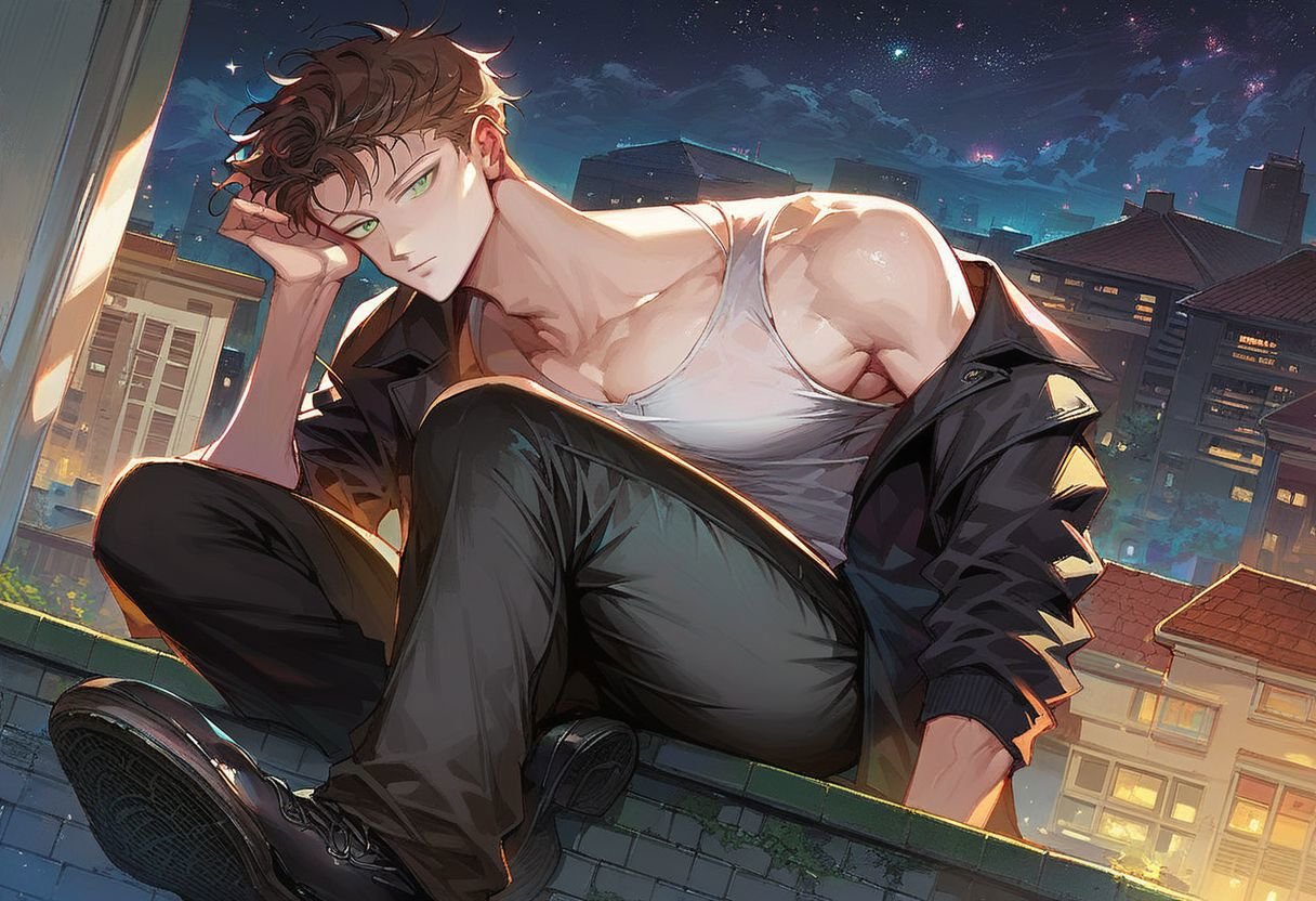 (score_9, score_8_up:1.1), score_7_up, 1boy, brown hair, green eyes, solo, black jacket, white shirt, black pants, laying down, roof, night, stars, nori