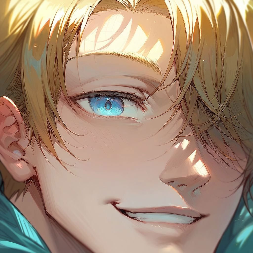 (score_9, score_8_up:1.1), score_7_up, 1boy, , blonde hair, blue eyes, covering one eye, solo, close-up portrait, smile, nori