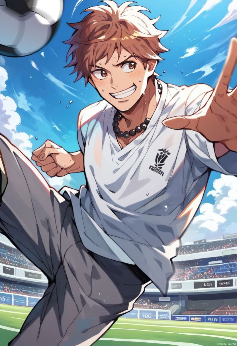 (score_9, score_8_up:1.1), score_7_up, suwa hiroto, 1boy, solo, brown eyes, black pearls necklace, white shirt, grey pants, soccer ball, kicking, school, outside, smile, sweat