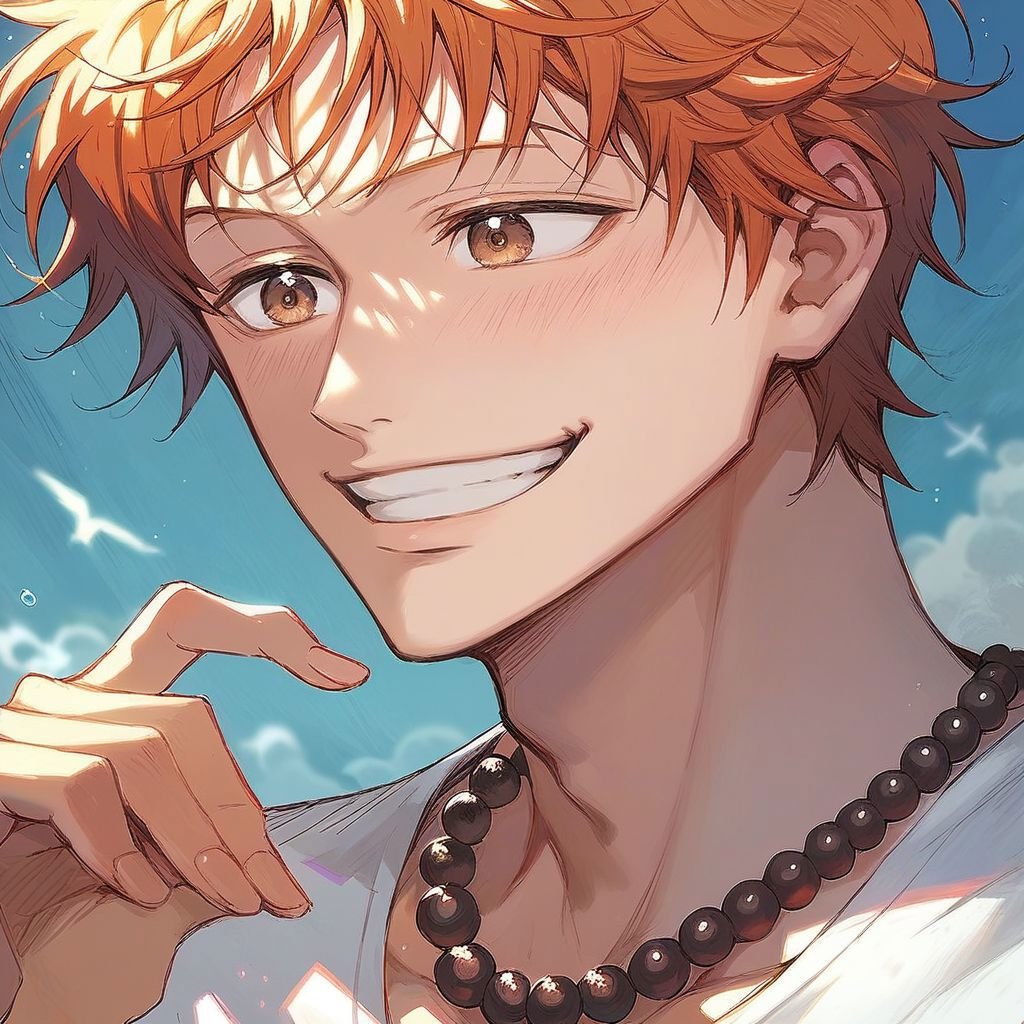 (score_9, score_8_up:1.1), score_7_up, suwa hiroto, 1boy, solo, orange hair, brown eyes, black pearls necklace, white shirt, close-up, smile, light blush,