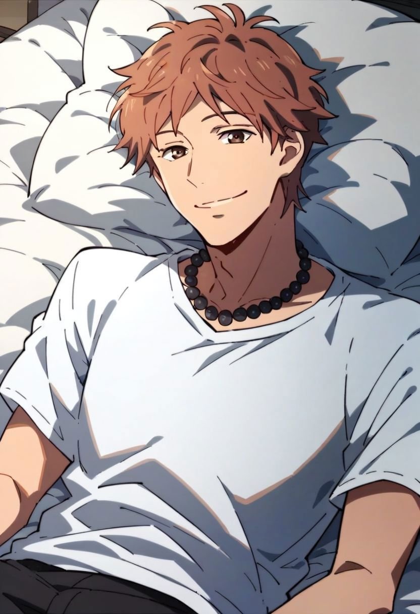 (score_9, score_8_up:1.1), score_7_up, suwa hiroto, 1boy, solo, brown eyes, black pearls necklace, white t-shirt, black shorts, lying on bed, bedroom, smile