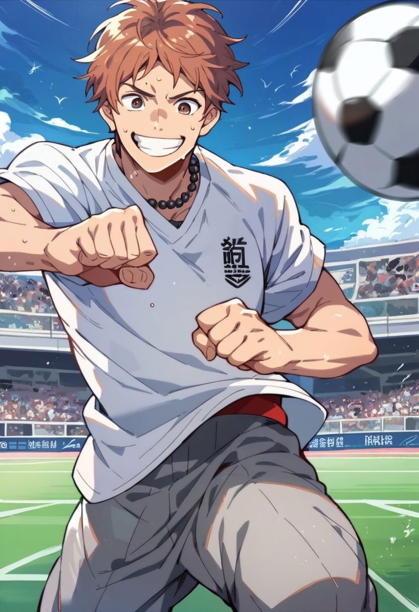 (score_9, score_8_up:1.1), score_7_up, suwa hiroto, 1boy, solo, brown eyes, black pearls necklace, white shirt, grey pants, soccer ball, kicking, school, outside, smile, sweat