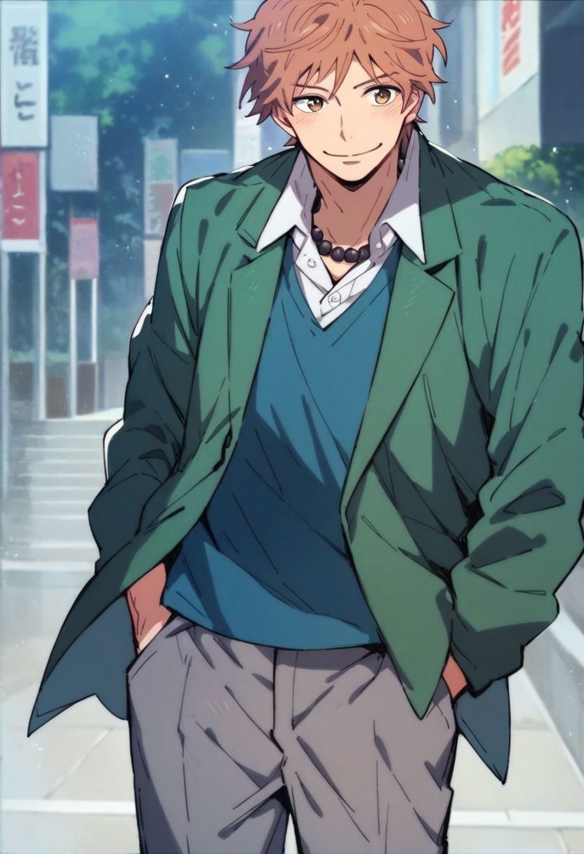 (score_9, score_8_up:1.1), score_7_up, suwa hiroto, 1boy, solo, brown eyes, black pearls necklace, green jacket, white shirt, blue vest, gray pants, hands on pocket, smile, light blush, school hall, cowboy shot,