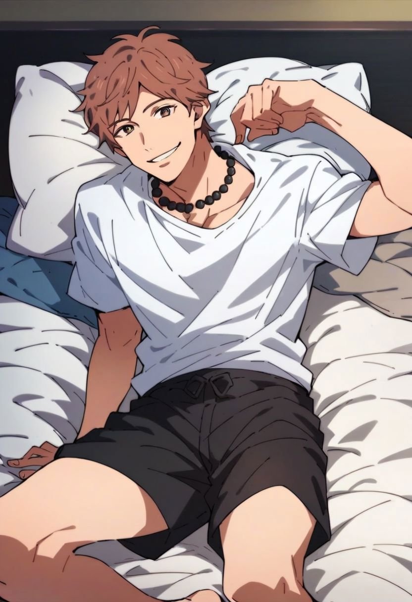 (score_9, score_8_up:1.1), score_7_up, suwa hiroto, 1boy, solo, brown eyes, black pearls necklace, white t-shirt, black shorts, lying on bed, bedroom, smile