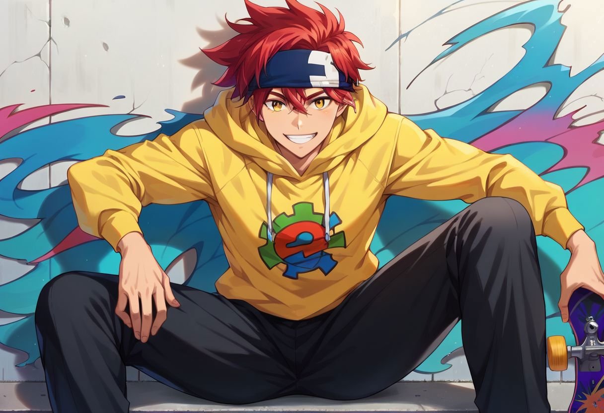 score_9, score_8_up, score_7_up, reki kyan, 1boy, solo, red hair, yellow eyes, blue headband, yellow hoodie, black pants, skateboard, smile, looking at viewer, wall, graffity, front view, spreading legs