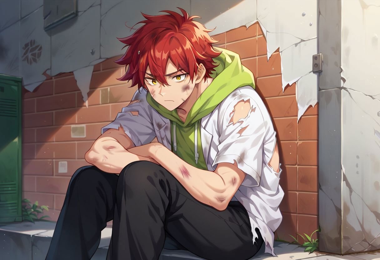 score_9, score_8_up, score_7_up, reki kyan, 1boy, solo, red hair, yellow eyes, messy hair, green hoodie, white jacket, short sleeves, black pants, torn clothes, dirty, bruises, emotionless, wall, alley, sitting, 