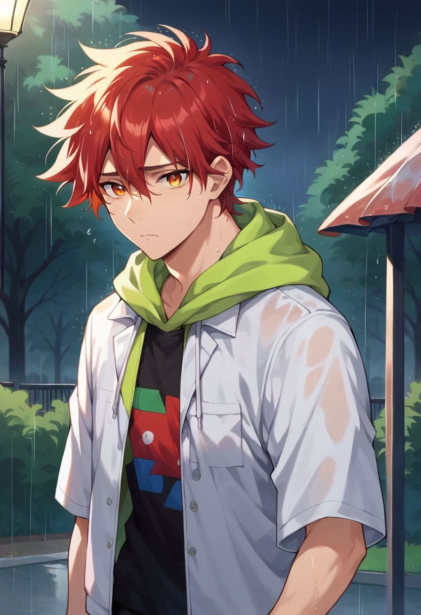 score_9, score_8_up, score_7_up, reki kyan, 1boy, solo, red hair, yellow eyes, messy hair, green hoodie, white jacket, short sleeves, black pants, sad, looking at viewer, rain, night, park