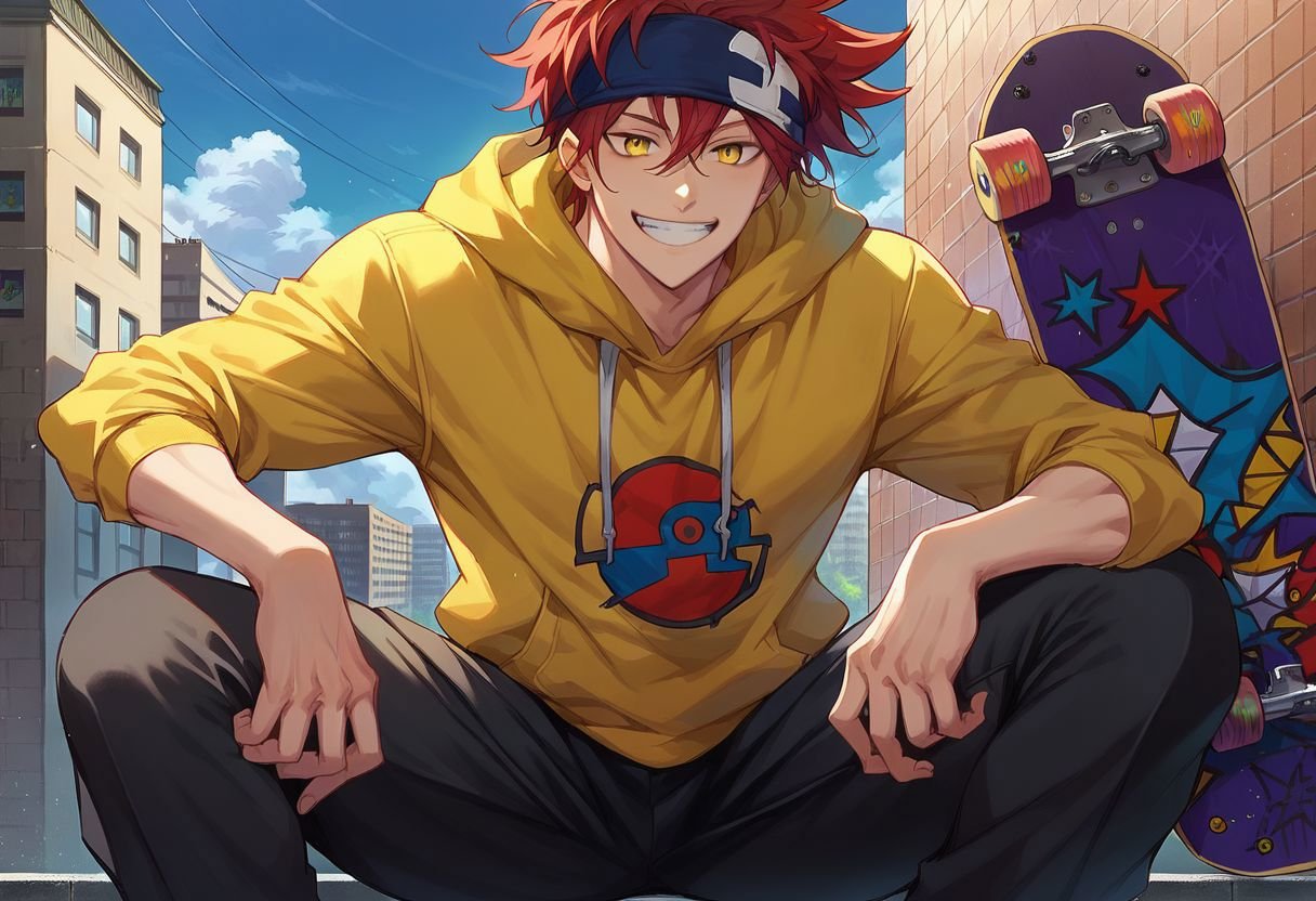 score_9, score_8_up, score_7_up, reki kyan, 1boy, solo, red hair, yellow eyes, blue headband, yellow hoodie, black pants, skateboard, smile, looking at viewer, wall, graffity, front view, spreading legs, nori