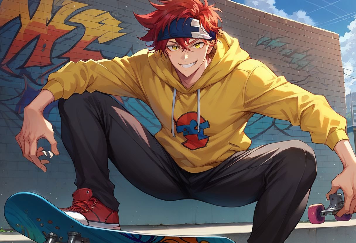 score_9, score_8_up, score_7_up, reki kyan, 1boy, solo, red hair, yellow eyes, blue headband, yellow hoodie, black pants, skateboard, smile, looking at viewer, wall, graffity, front view, spreading legs, nori