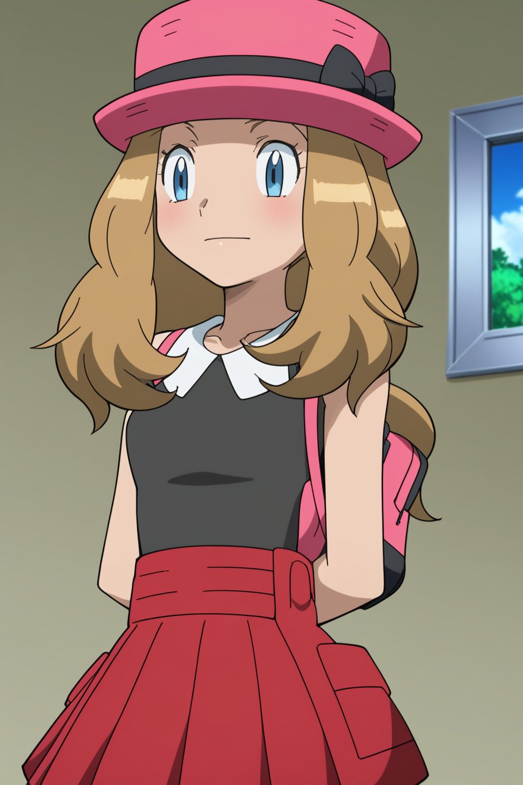 score_9, score_8_up, score_7_up, score_6_up, score_5_up, score_4_up, BREAK, source_anime,serena_v1, 1girl, solo, long hair, skirt, sleeveless, hat, pink headwear,