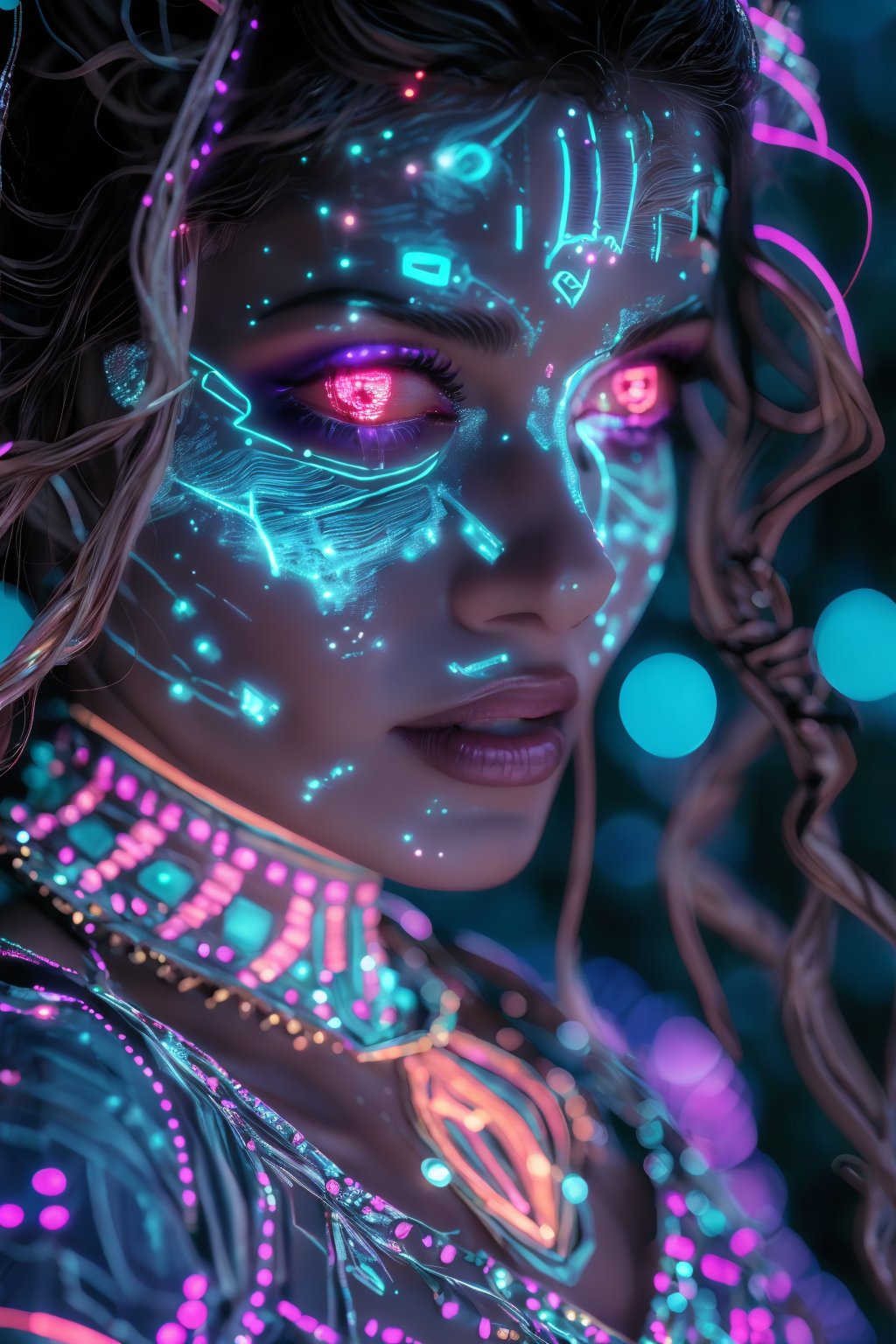 Face close up, Photo of a mystical fantasy bioluminescent neon woman. Glamorous fashionable lady, glowing dots on face, glowing neon saree ,Light particles and spark,Glowing skin spot,Glowing dots on body