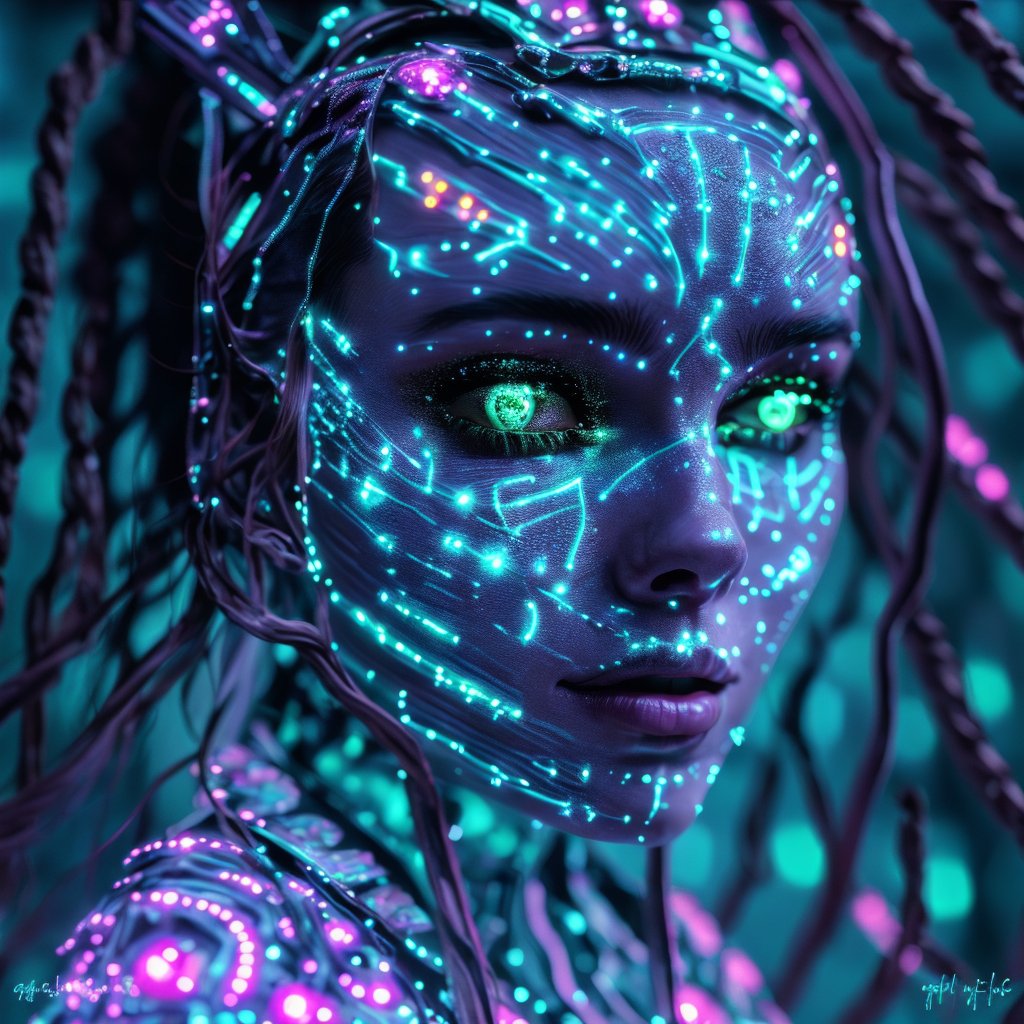 Face close up, Photo of a mystical fantasy bioluminescent neon woman. Glamorous fashionable lady, glowing dots on face, glowing neon saree ,Light particles and spark,Glowing skin spot,Glowing dots on body