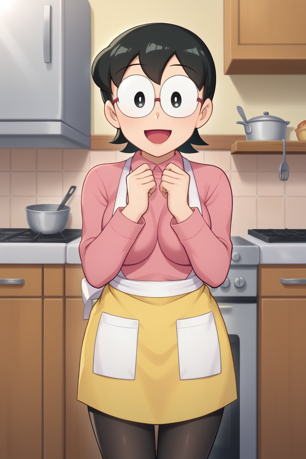 (1girl, solo, Tamako_nobi, short hair, black hair, glasses, black eyes, pink shirt, yellow skirt, black pantyhose, kitchen,looking at viewer, happy, (apron)),SFW