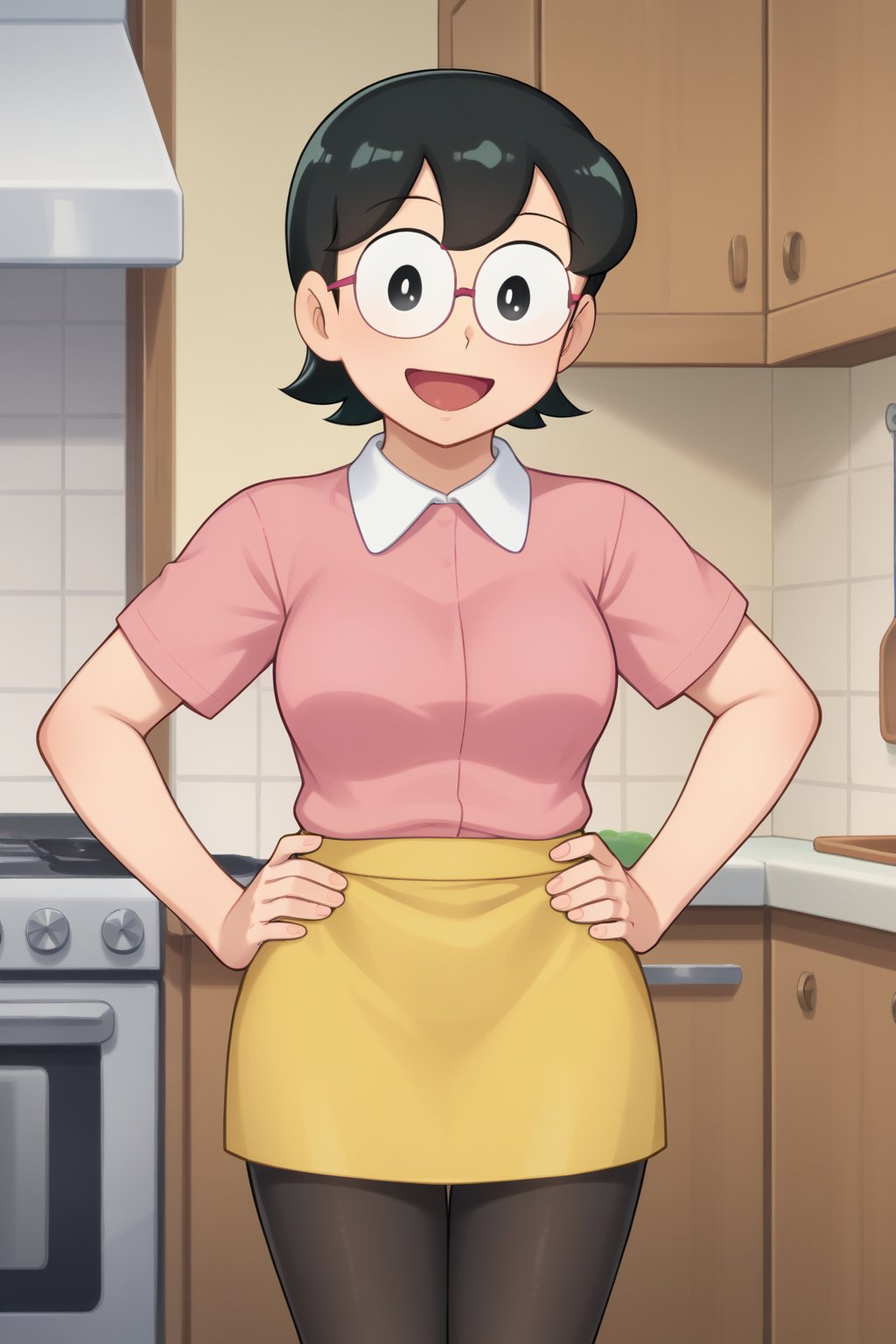 (1girl, solo, Tamako_nobi, short hair, black hair, glasses, black eyes, pink shirt, short sleeves, yellow skirt, black pantyhose, kitchen,looking at viewer, hands on hip, happy),SFW