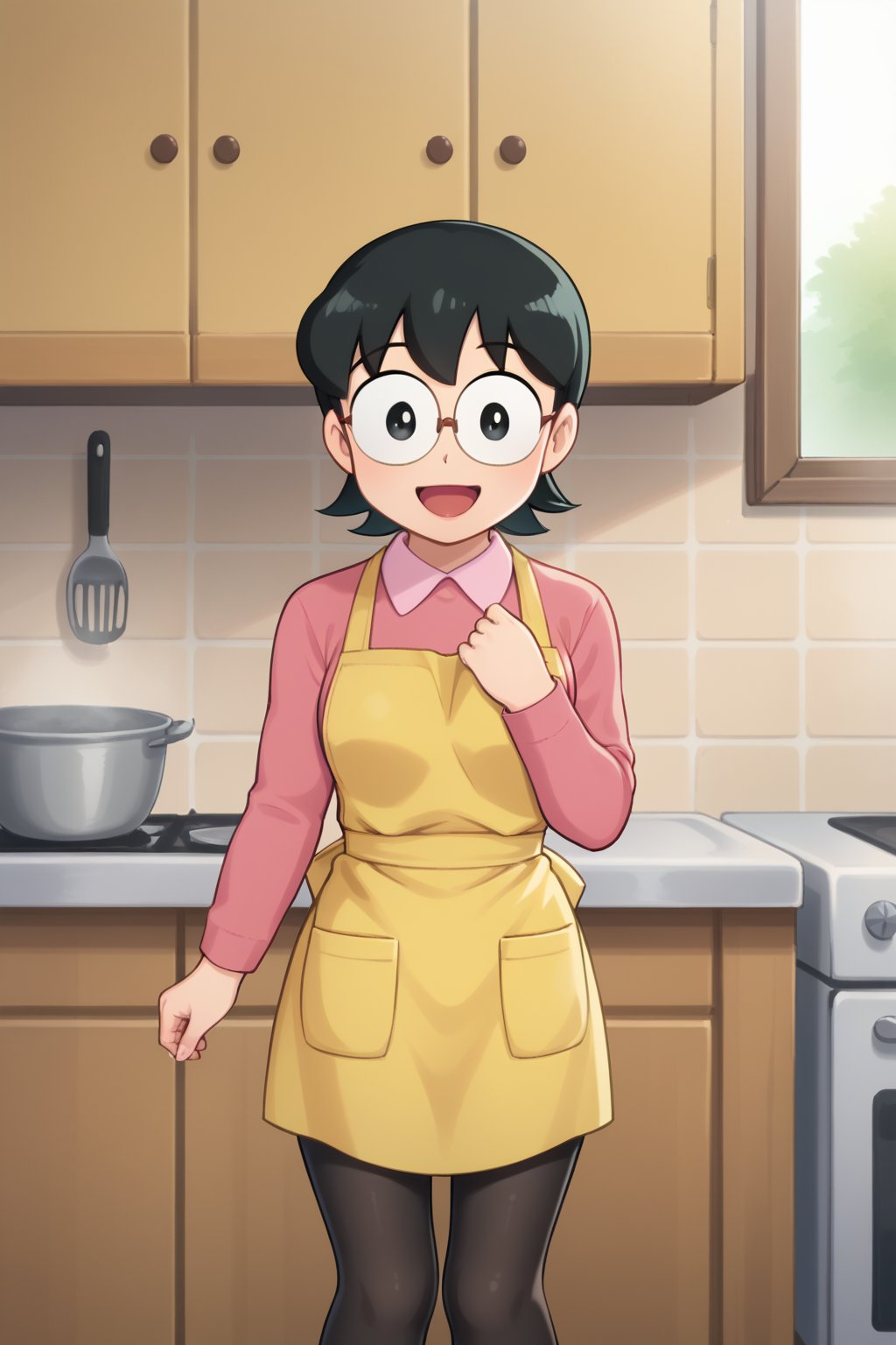 (1girl, solo, Tamako_nobi, short hair, black hair, glasses, black eyes, pink shirt, yellow skirt, black pantyhose, kitchen,looking at viewer, happy, apron),SFW