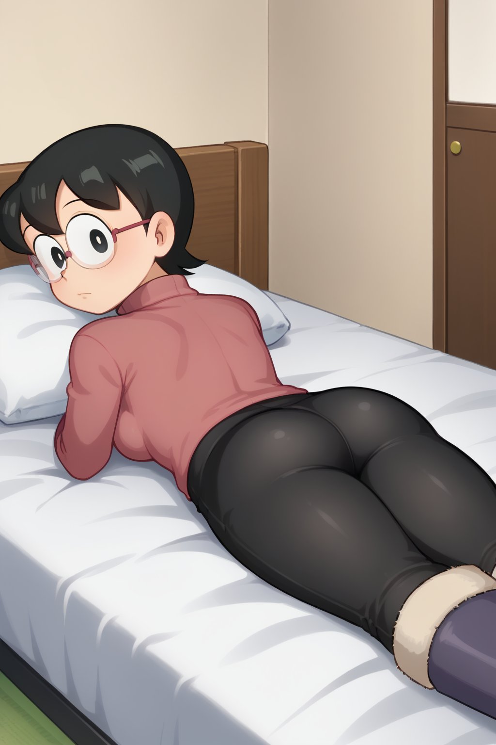 (1girl, solo, Tamako_nobi, short hair, black hair, glasses, black eyes, turtleneck sweater, black pants, skin tight pants, winter boots, from behind, looking at viewer, lying on bed, on stomach ),SFW