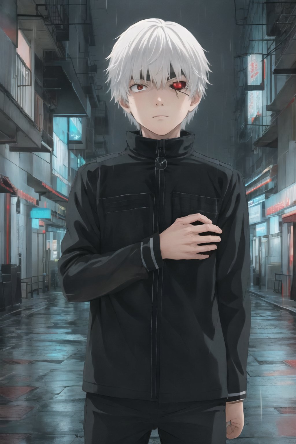 ken kaneki, 1boy, solo, black sclera, serious, sad, upper body, night, city, rain