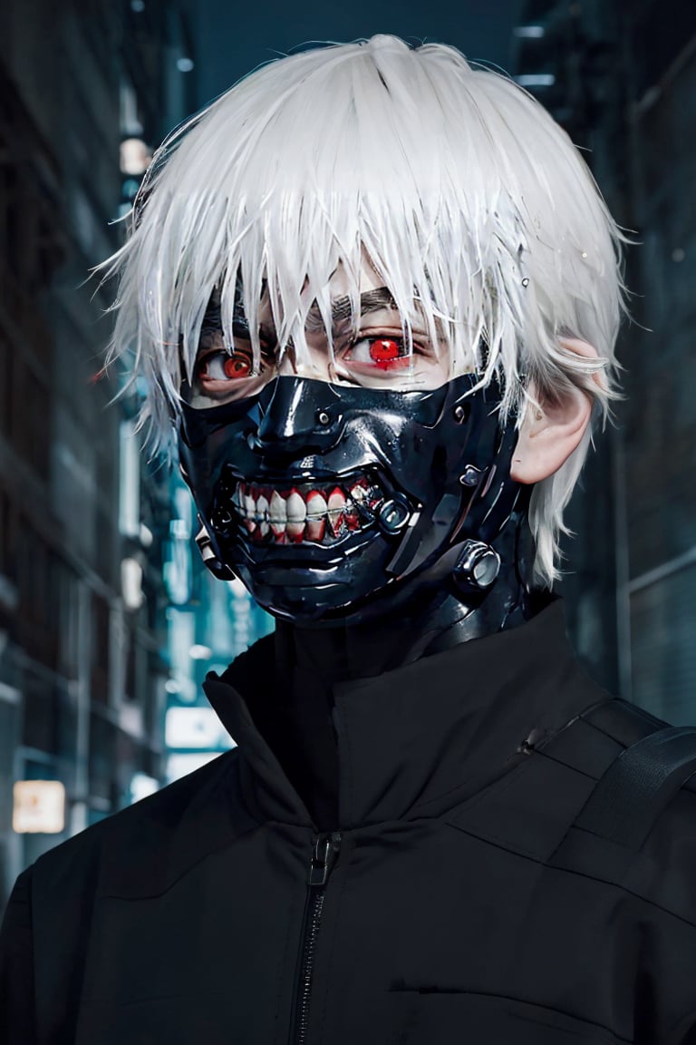 ken kaneki, 1boy, solo, black sclera, mask, sad,  potrait, night, city, rain