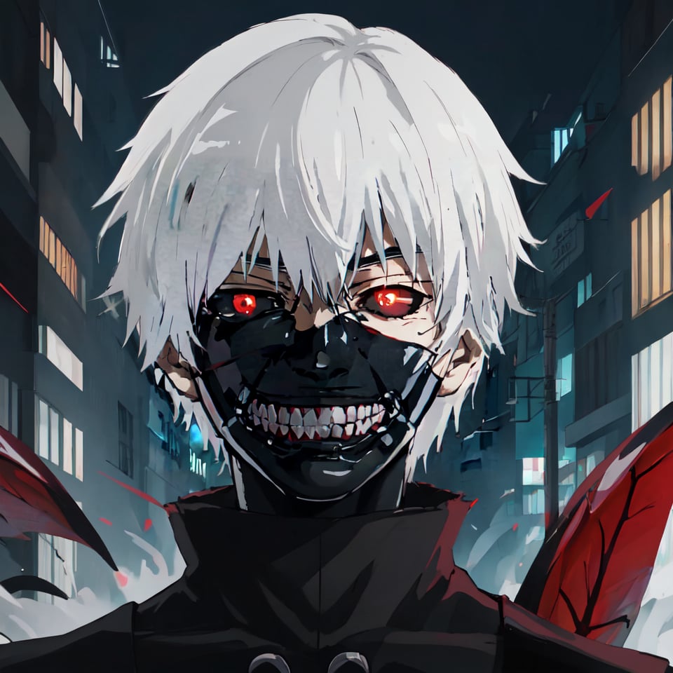 ken kaneki, 1boy, solo, black sclera, mask, sad,  potrait, night, city