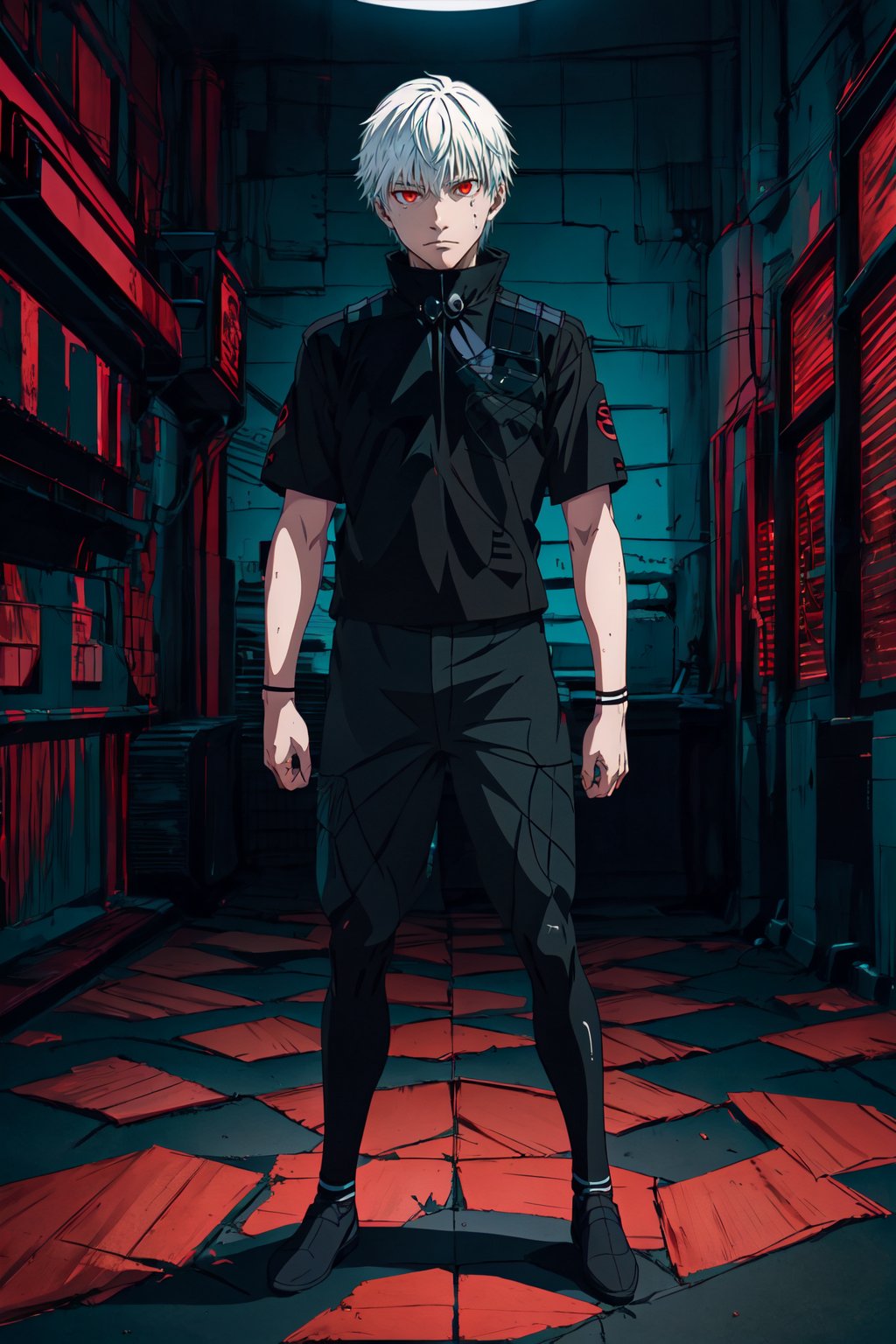 ken kaneki, 1boy, solo, black sclera, serious, full body, looking at viewer, dark room, dark theme