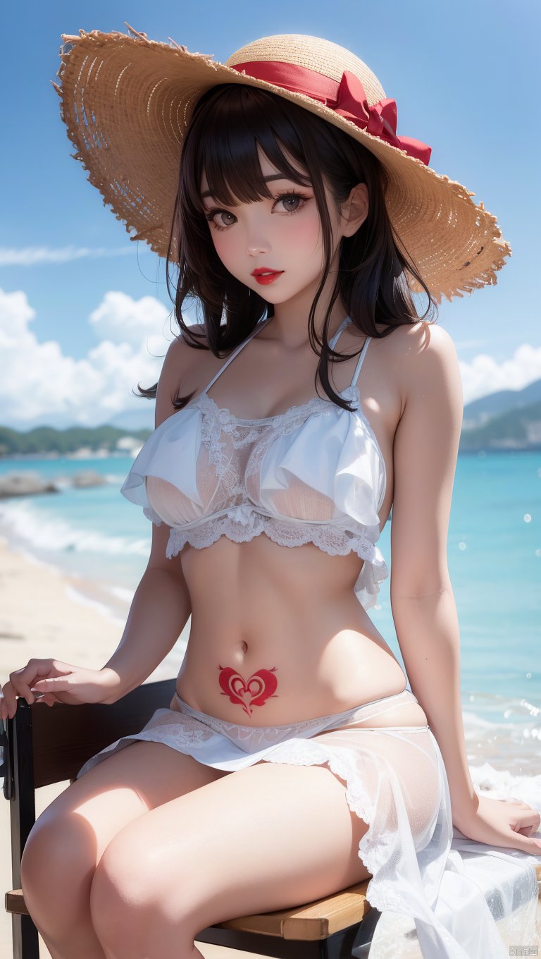  1girl,hat, long hair, solo,outdoors, black hair, dress, white dress, sun hat, looking at viewer, day, black eyes, chair,transparent dress revealing tattoos beneath,(abdomentattoo4,abdomen tattoo:1.2),beach, ocean, blurry, parted lips, dutch angle, straw hat, lipstick, bangs, makeup, water, scenery, sky, red lips, brown eyes, blurry background, depth of field, sitting, realistic, sundress,blunt bangs, umbrella,white panties,