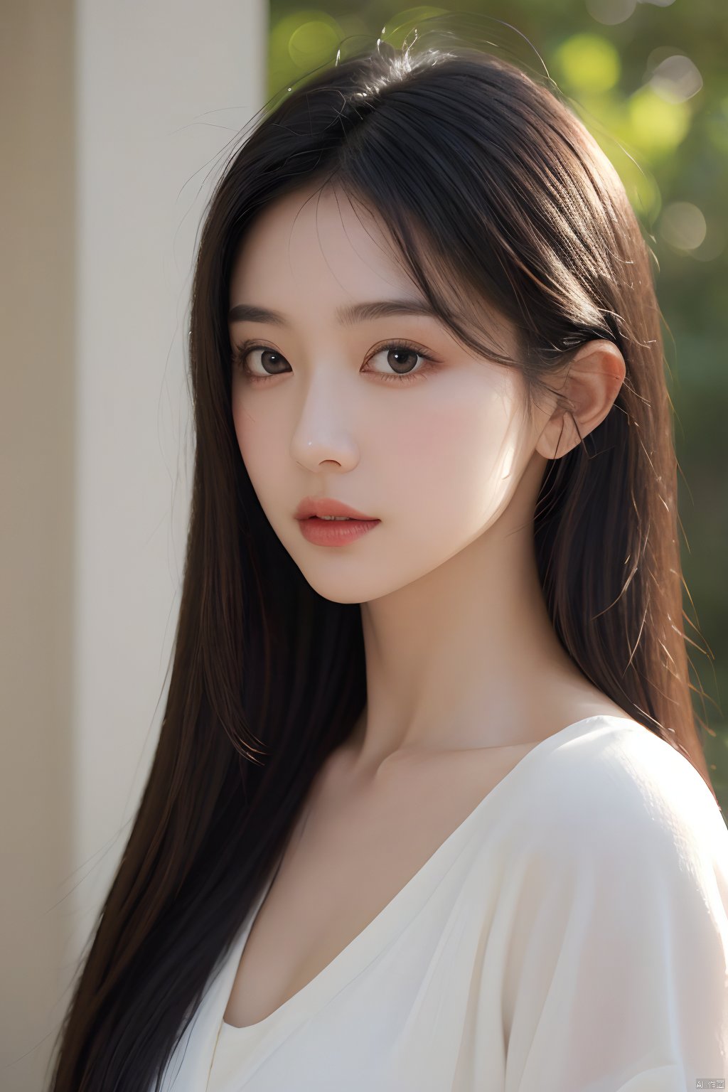  Best quality, masterpiece, ultra high res, (photorealistic:1.2), a girl,Depth of field, golden hour, (rim lighting:1.1), soft shadows, vibrant colors, hazy glow, painterly effect, dreamy atmosphere,A clear face,Black hair, long hair, straight hair, white clothes,Medium-sized *******,