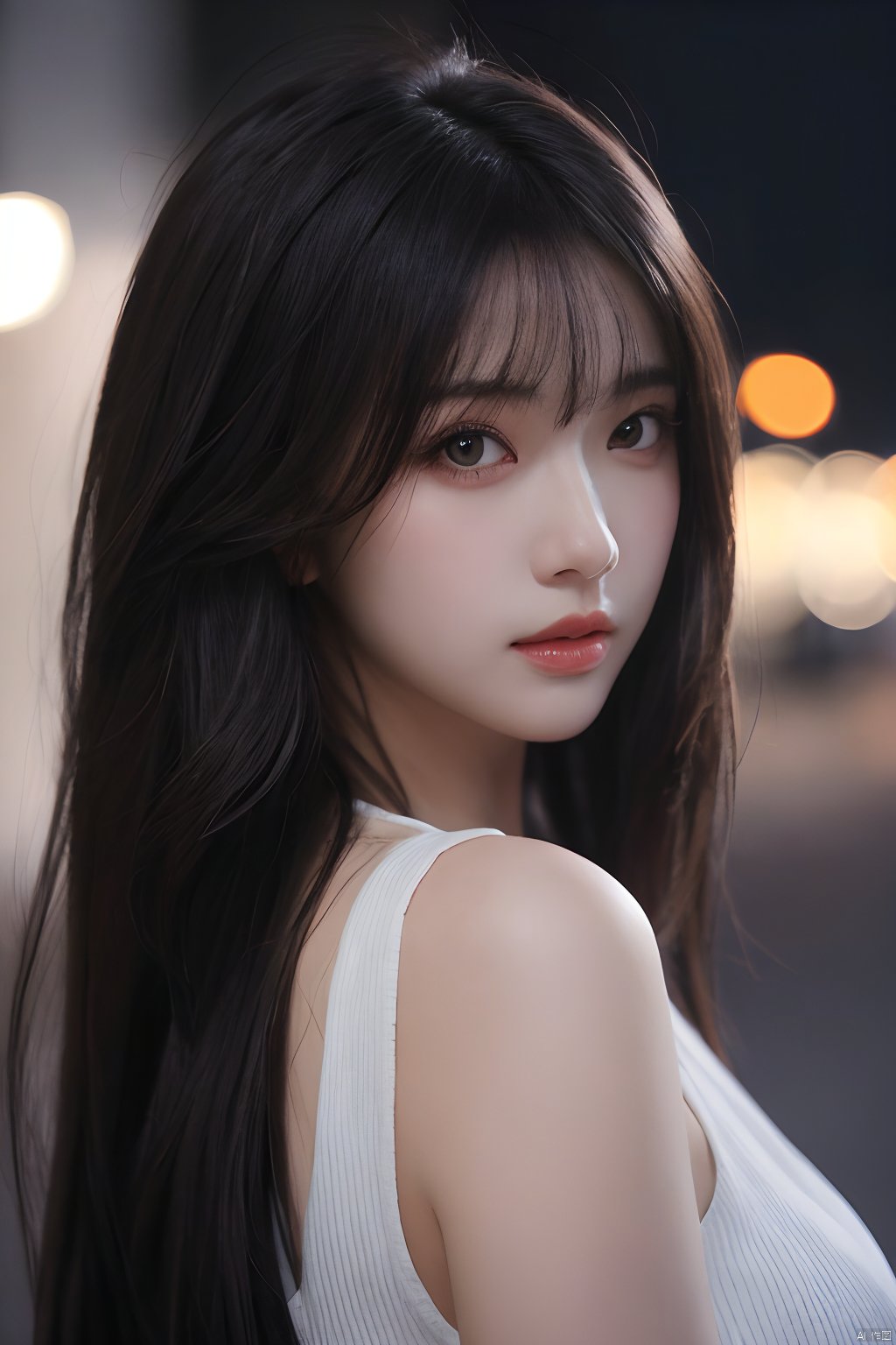 1girl,night,upper body,looking at viewer,long hair,hair,Depth of field,blurred background,outdoors,solo,huge filesize,simple_background,eyes_focus,close-up,front view,