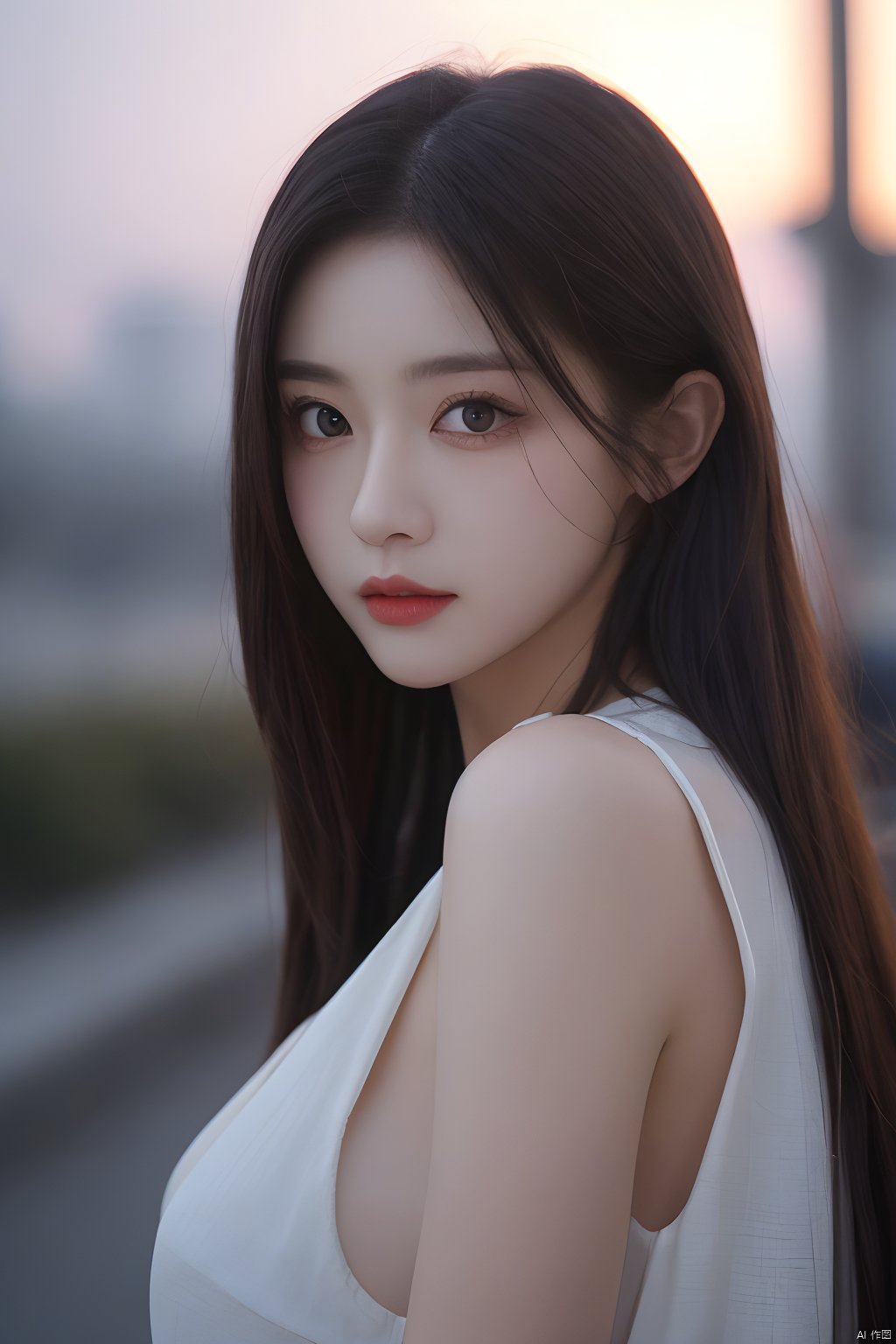 1girl,night,upper body,looking at viewer,long hair,hair,Depth of field,blurred background,outdoors,solo,huge filesize,simple_background,eyes_focus,close-up,（front view:1.2),