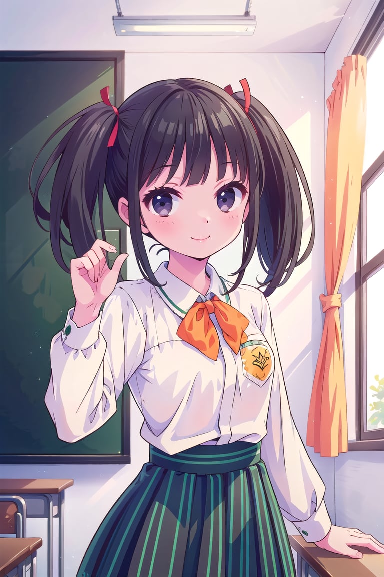 (masterpiece,Best  Quality, High Quality,: 1.3), (Sharp Picture Quality), Perfect Beauty,Black hair, twin tails, red hair ribbons, medium hair, school uniforms, white shirts, orange ties, skirt with green and black vertical stripes,Best smile, classroom