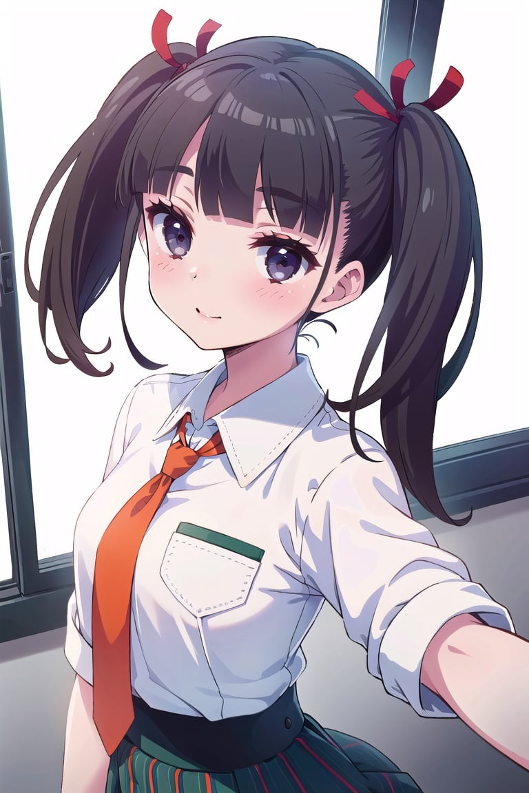 (masterpiece,Best  Quality, High Quality,: 1.3), (Sharp Picture Quality), Perfect Beauty,Black hair, twin tails, red hair ribbons, medium hair, school uniforms, white shirts, orange ties, skirt with green and black vertical stripes,