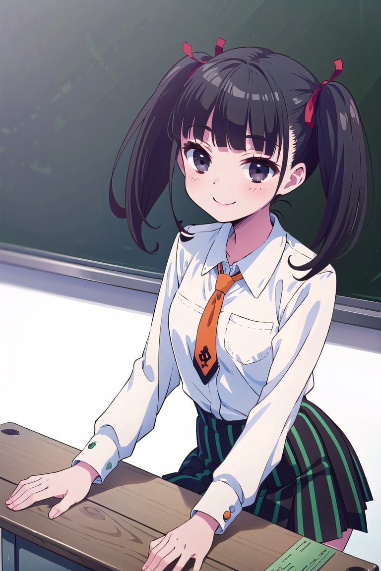 (masterpiece,Best  Quality, High Quality,: 1.3), (Sharp Picture Quality), Perfect Beauty,Black hair, twin tails, red hair ribbons, medium hair, school uniforms, white shirts, orange ties, skirt with green and black vertical stripes,Best smile, classroom