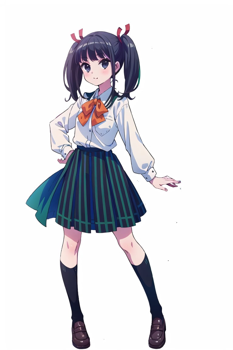 (masterpiece,Best  Quality, High Quality,: 1.3), (Sharp Picture Quality), Perfect Beauty,Black hair, twin tails, red hair ribbons, medium hair, school uniforms, white shirts, orange ties, skirt with green and black vertical stripes,full_body