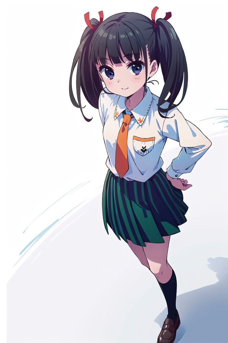 (masterpiece,Best  Quality, High Quality,: 1.3), (Sharp Picture Quality), Perfect Beauty,Black hair, twin tails, red hair ribbons, medium hair, school uniforms, white shirts,( orange tie), skirt with green and black vertical stripes,full_body