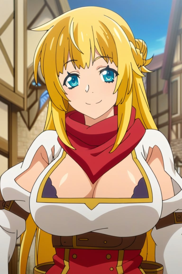 ritto,1girl,solo,solo focus,red scarf,medieval town,smile,best quality, highly detailed, game cg, very aesthetic, intricate, overall detail, perfect anatomy, perfect face, anime coloring,