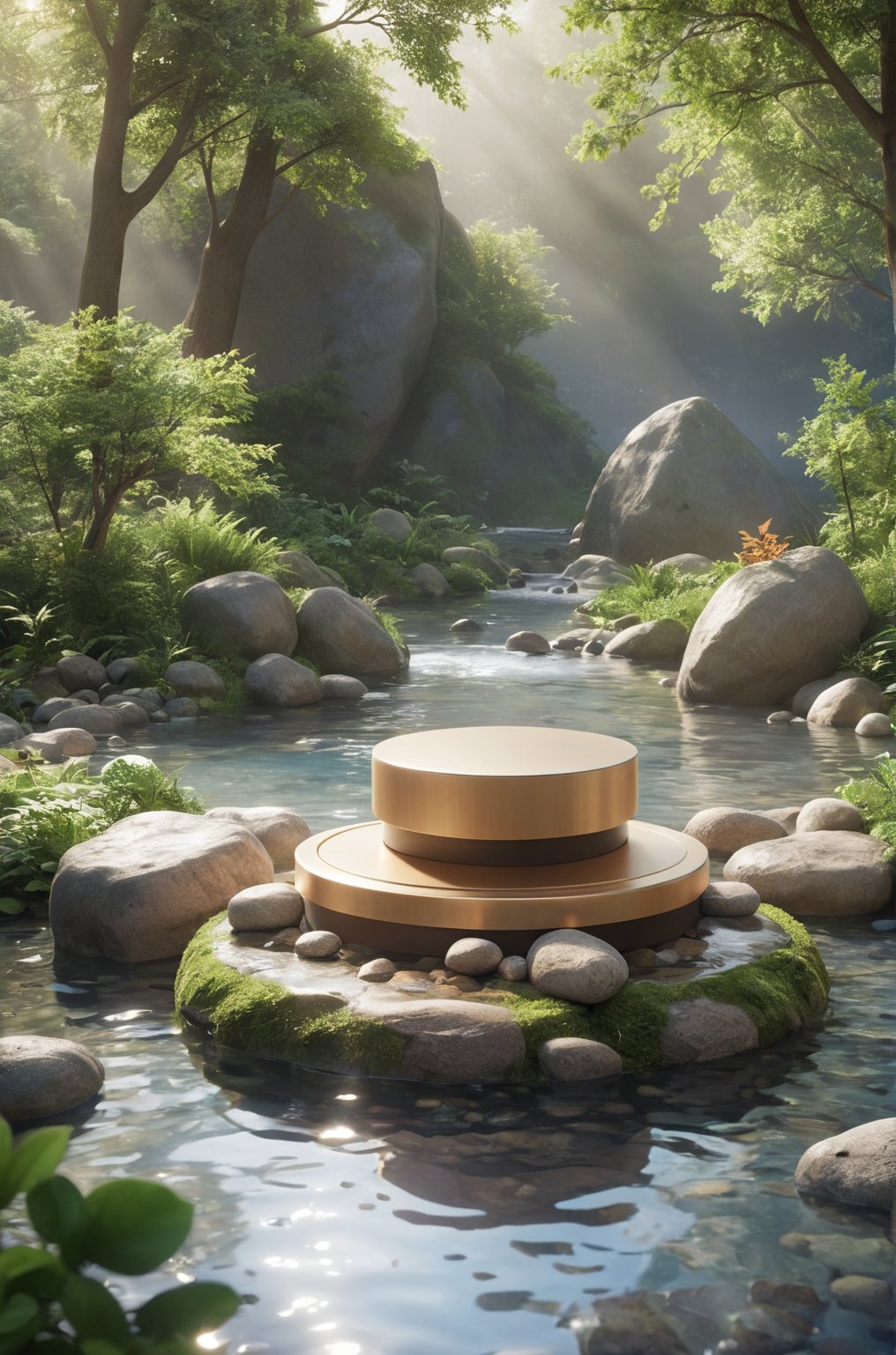 3D\(hubgstyle)\,
a round podium on a rock in a stream in the water in the middle, trees, rocks, water, 

professional 3d model, anime artwork pixar, 3d style, good shine, OC rendering, highly detailed, volumetric, dramatic lighting, 