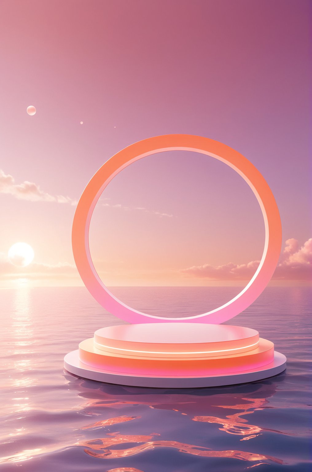 3D\(hubgstyle)\,
a round podium in the water on ocean surface in the middle, a glowing circle in the sky, sunset time, gradient orange and pink color vibe, 

professional 3d model, anime artwork pixar, 3d style, good shine, OC rendering, highly detailed, volumetric, dramatic lighting, 