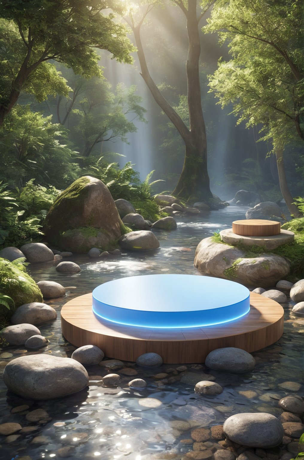 3D\(hubgstyle)\,
a round podium on a rock in a stream in the water in the middle, trees, rocks, water, 

professional 3d model, anime artwork pixar, 3d style, good shine, OC rendering, highly detailed, volumetric, dramatic lighting, 